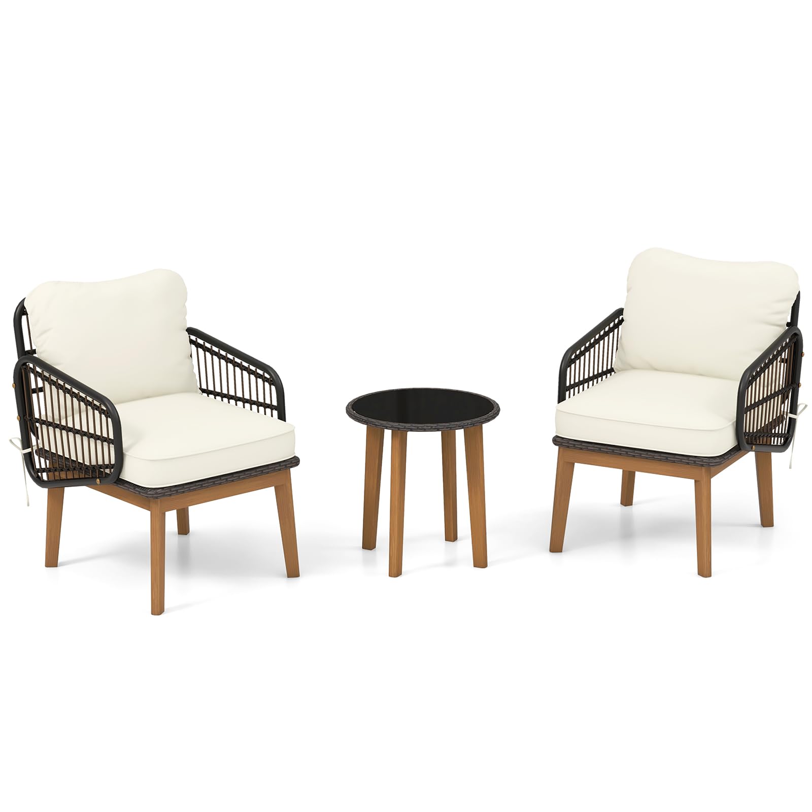 Tangkula 3 Piece Patio Chair Set, Wicker Chair & Side Table Set with Soft Cushions & Tempered Glass Tabletop